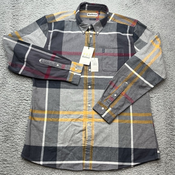 Barbour Modern Tartan Shirt Mens L Tailored Fit Plaid Gray Gold Long Sleeve NWT - Picture 1 of 9